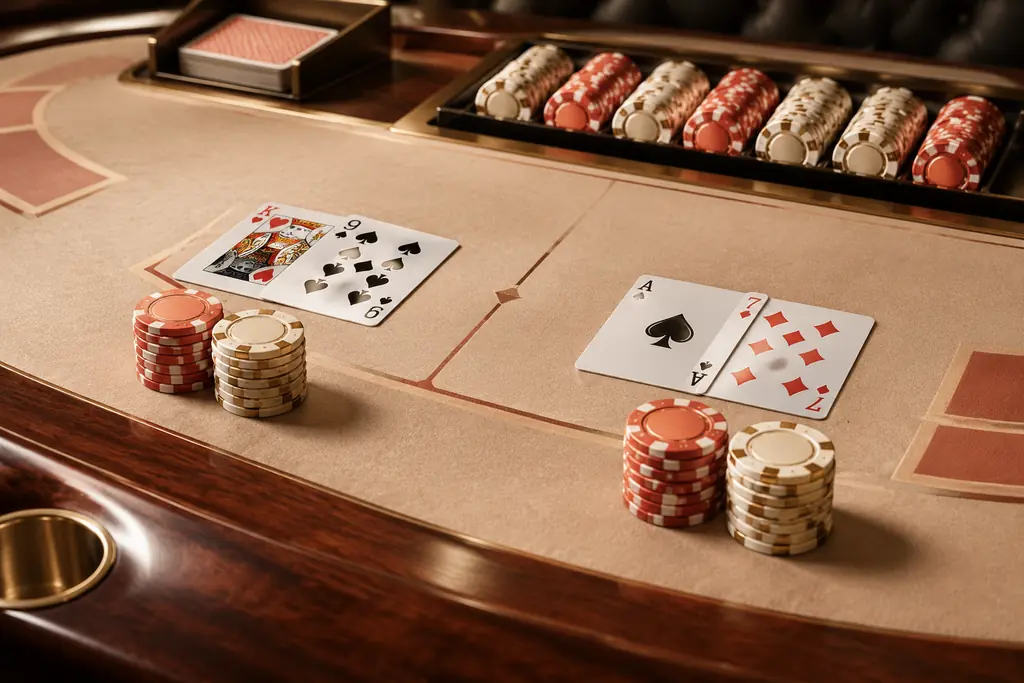 Kartu dan tumpukan chip di atas meja baccarat kasino