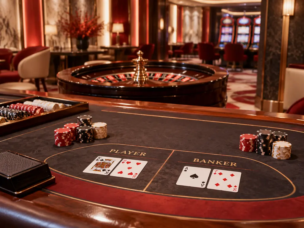 Ruang kasino dengan meja kartu dan roda roulette beraksen koral