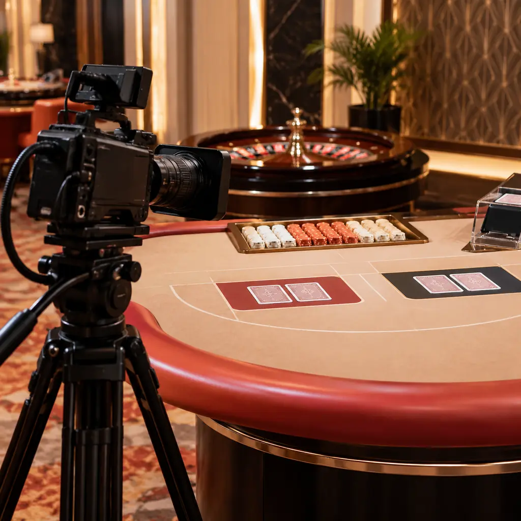 Kamera mengarah ke kartu dan chip pada meja baccarat kasino
