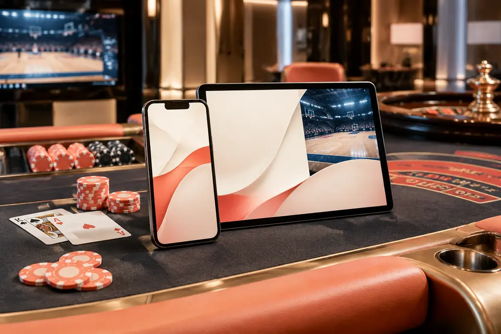 Ponsel dan tablet di sisi meja kasino dengan kartu serta chip