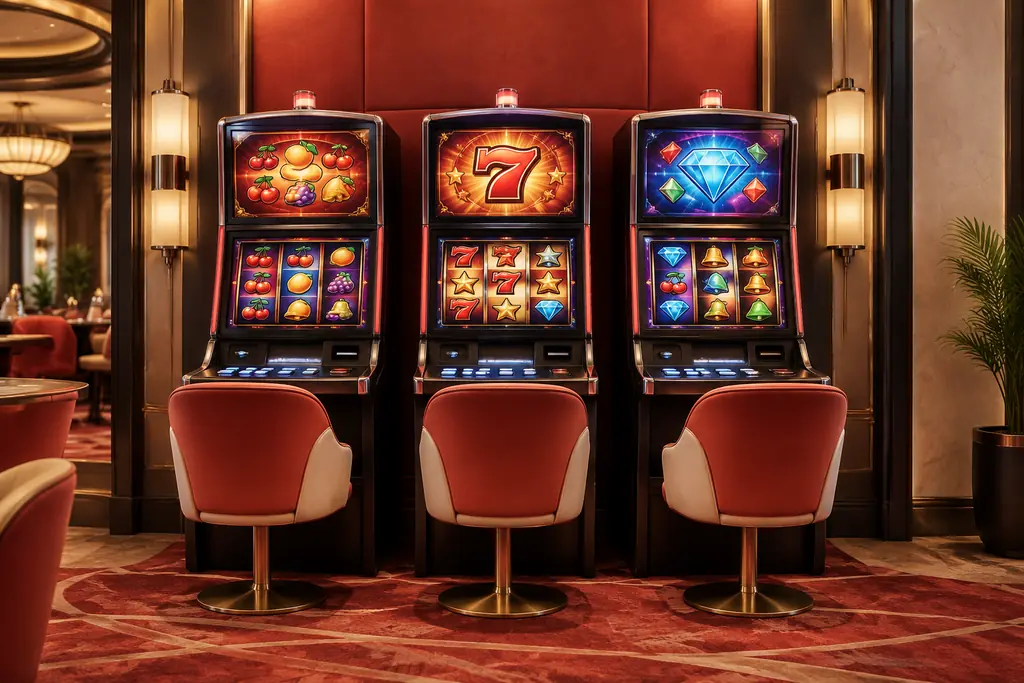 Deretan mesin slot dengan layar simbol buah di ruang kasino