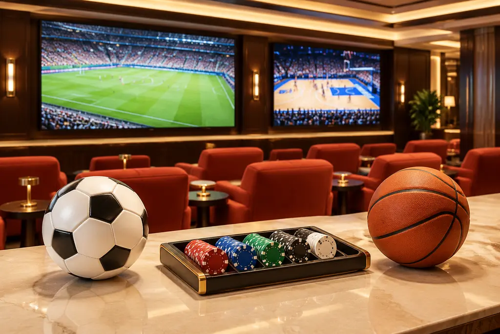 Layar pertandingan dan bola di ruang sportsbook kasino