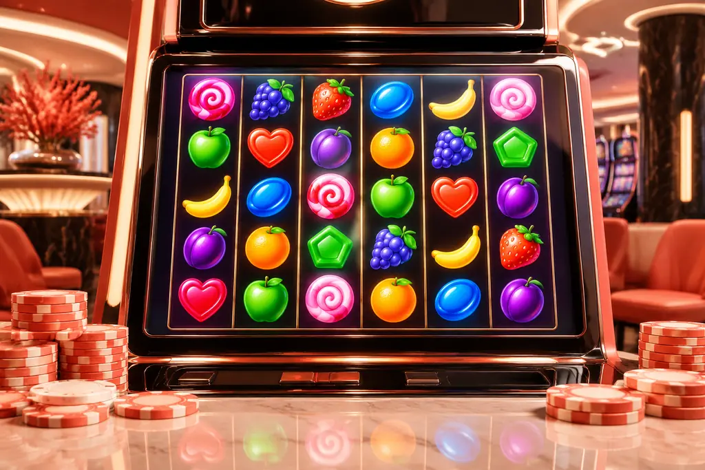 Layar slot bertema buah dan permen dengan chip di sisi kabinet kasino