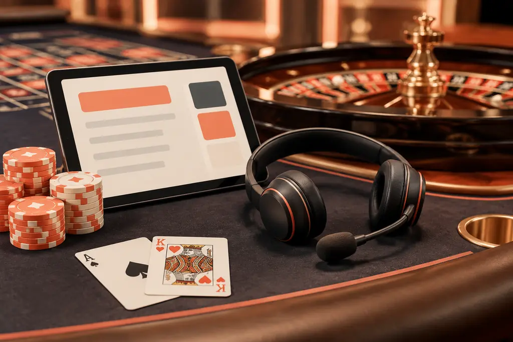 Headset dan tablet di sisi kartu serta chip pada meja kasino